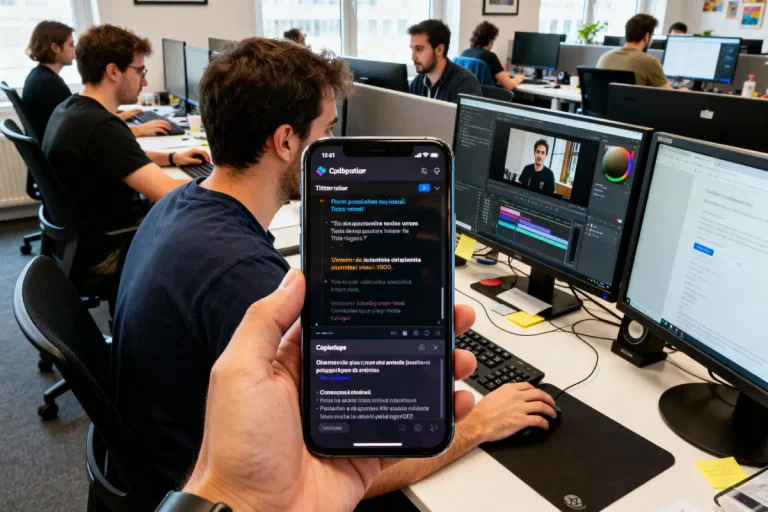 Personnes travaillant sur des ordinateurs avec logiciel d'édition vidéo France Vidcaps en bureau partagé