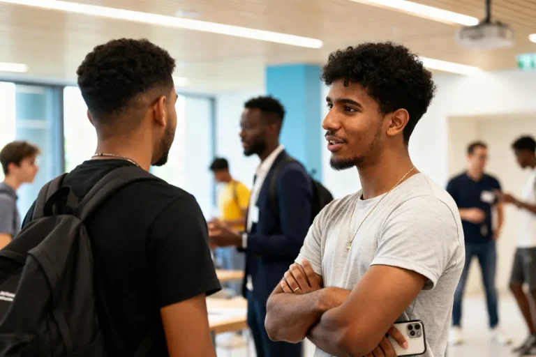 Étudiants discutant dans un hall moderne de Science Po Pau lors d'un événement académique
