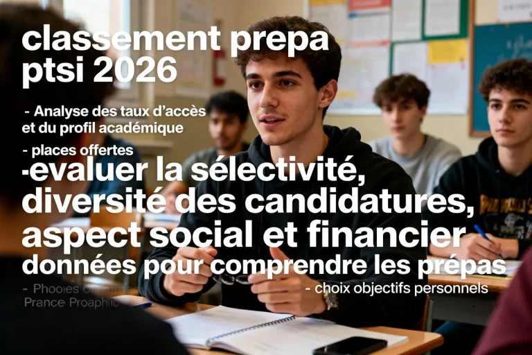 Étudiants en classe discutant du classement prepa ptsi 2026 avec textes explicatifs sur l'image