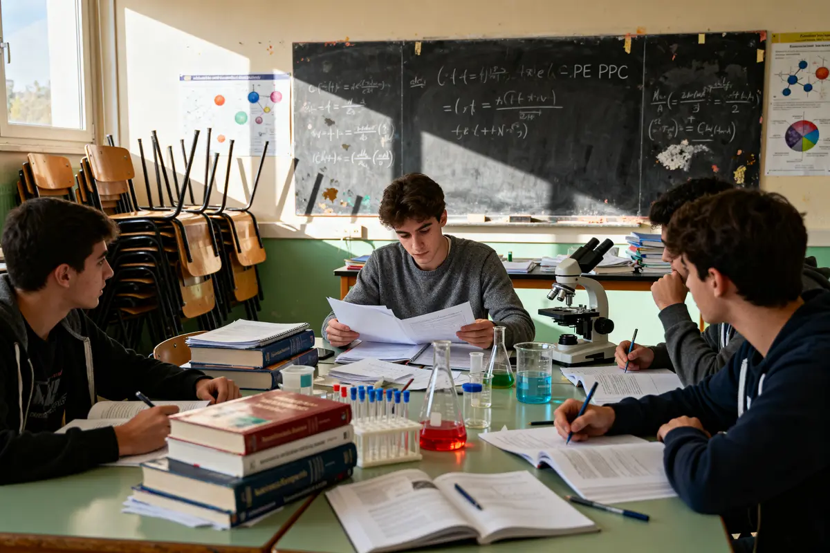 Étudiants en cpge tpc travaillant en groupe avec microscopes, livres et tableaux noirs en arrière-plan