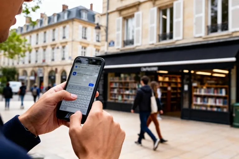 Personne utilise la messagerie académique des grandes villes sur smartphone devant une librairie urbaine