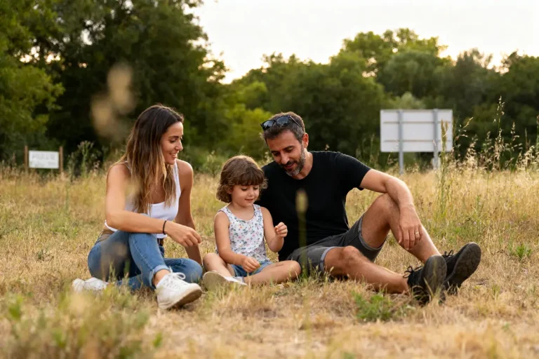Famille assise dans un champ montrant qu'une famille est libre et heureuse en nature