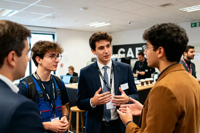 Jeunes professionnels discutant aides apprentissage 2024 lors d'un salon réseautage entreprise cafétéria