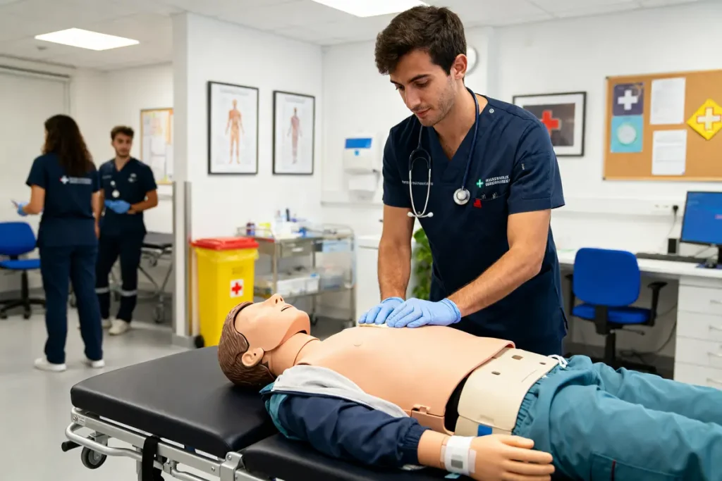 Étudiant à Brest fac médecine pratique sur mannequin dans salle de simulation médicale.