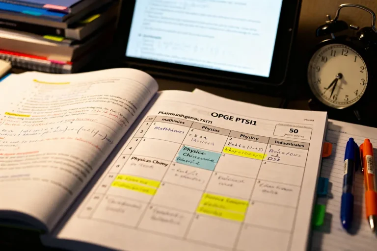 Livres et exemple de planning CPEG PTSI1 sur un bureau avec réveil et stylos