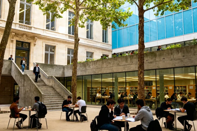 Étudiants travaillant à l'extérieur devant bibliothèque moderne à la fac AES Paris