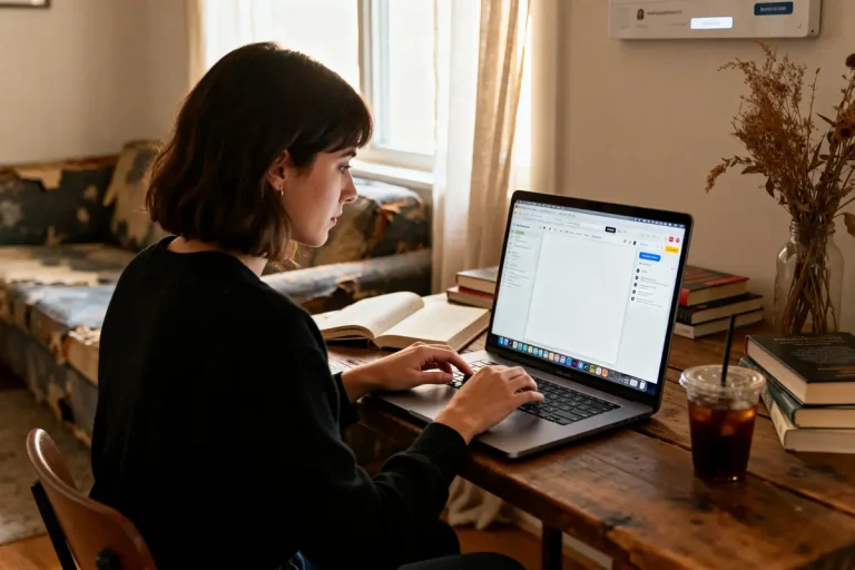 Personne suivant une formation distancielle sur ordinateur portable dans un environnement de travail aménagé