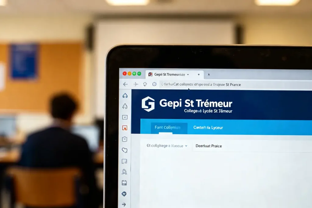 Écran d'ordinateur affichant le site Gepi St Trem dans une salle de classe.