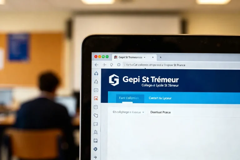 Écran d'ordinateur affichant le site Gepi St Trem dans une salle de classe.