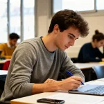 Étudiant concentré en salle de classe à l'université pour le master droit Lyon 3