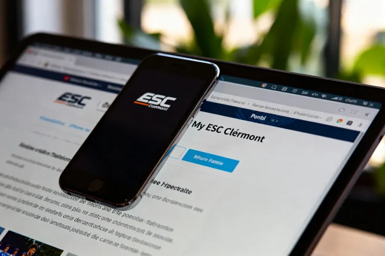 Écran et smartphone affichant le logo et site My ESC Clermont en gros plan