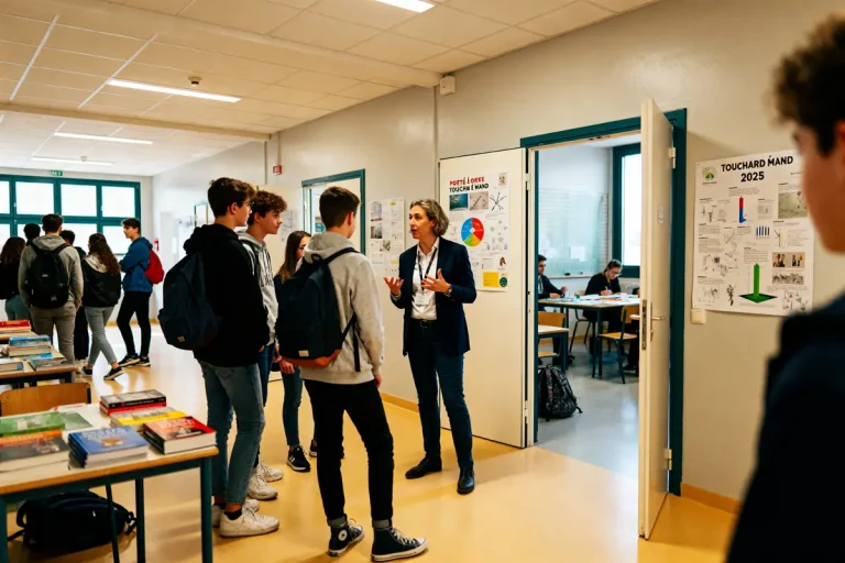 Groupe d'étudiants visitant porte ouverte lycée Touchard Le Mans 2025 avec présentation enseignant