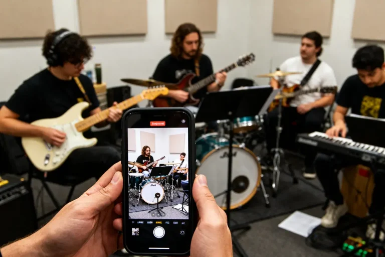 Groupe de musiciens en répétition, capturé sur téléphone, jouant pour tout le monde en choeur