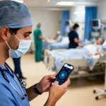 Médecin masqué utilisant un smartphone dans un service hospitalier, patient en arrière-plan, personnel médical occupé.