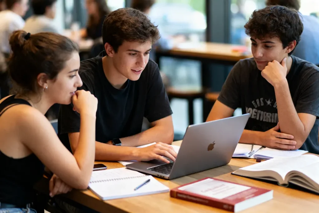 Trois étudiants étudient ensemble autour d'un ordinateur portable dans un environnement lumineux et moderne.