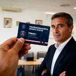 Un homme en costume avec un badge "Sports Pro", logo PSG et arbitre en arrière-plan flou.