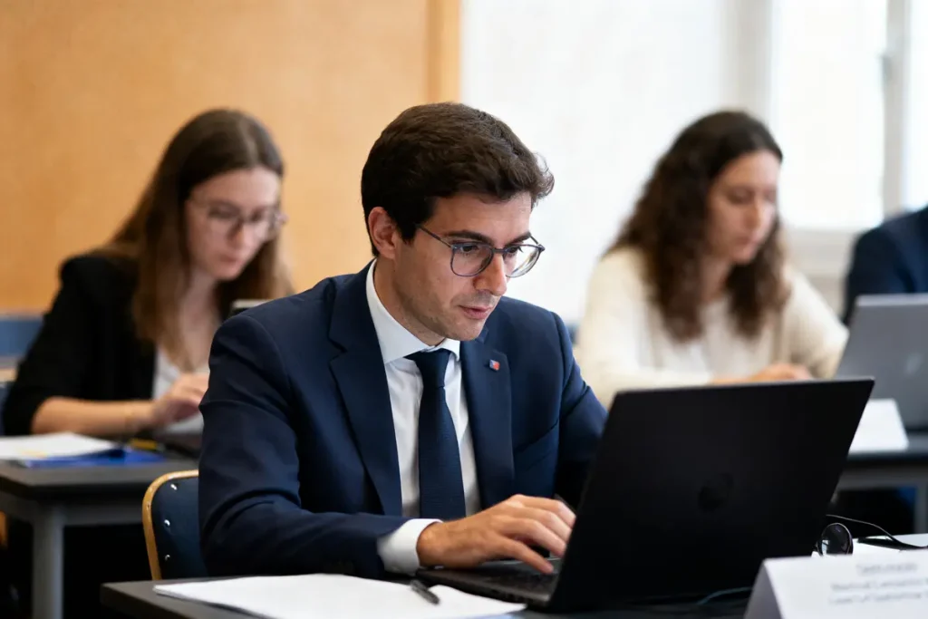 Homme en costume écrivant sur ordinateur portable, assis à une table en salle de réunion.