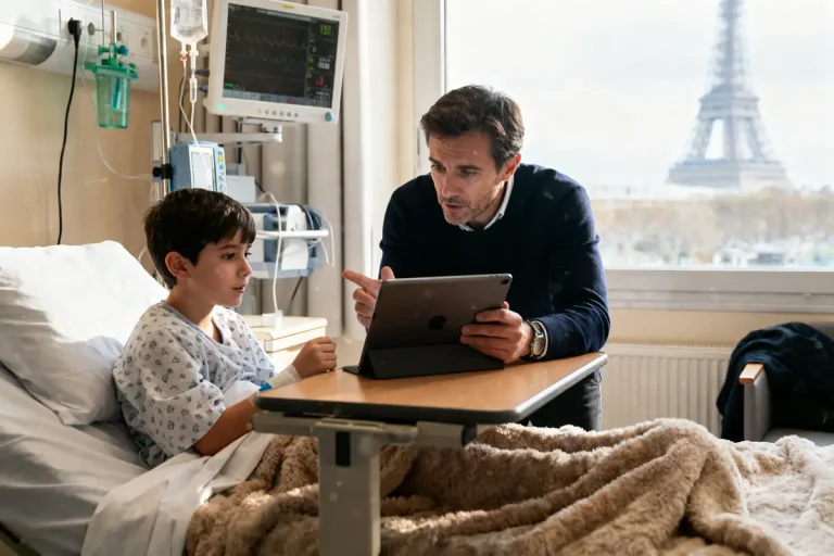 Enfant hospitalisé discutant avec un homme, tablette, vue sur la Tour Eiffel en arrière-plan.