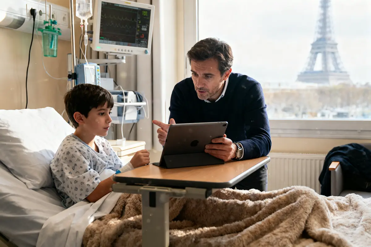 Enfant hospitalisé discutant avec un homme, tablette, vue sur la Tour Eiffel en arrière-plan.