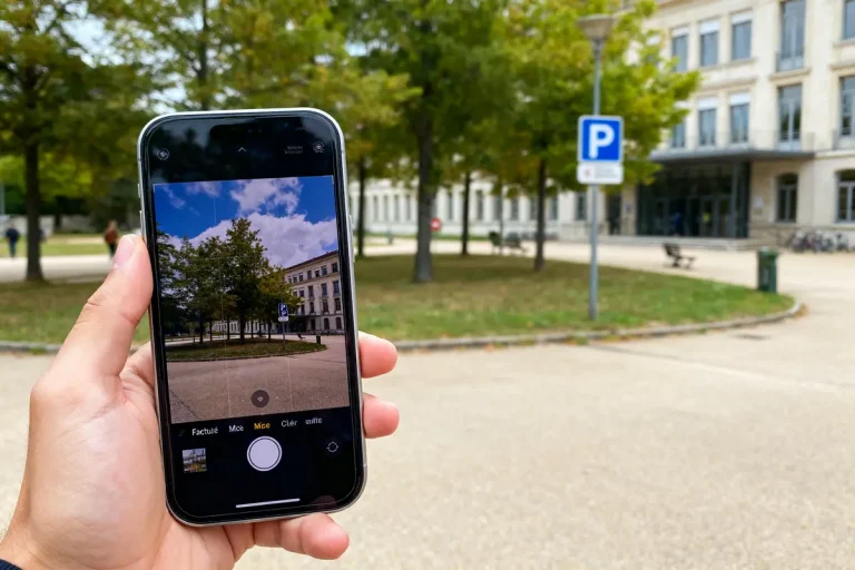 Main tenant un téléphone devant la faculté de médecine de Clermont-Ferrand avec arbres et parking