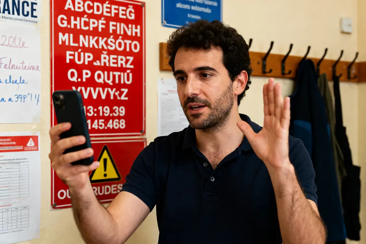 Homme utilisant un smartphone en suivant une fiche de langue des signes sur le mur