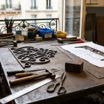 Atelier de ferronnerie avec outils, croquis et pièces en métal, vue intérieure avec fenêtre ouverte.