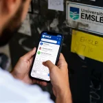 Un homme utilise une application de messagerie sur smartphone devant un panneau universitaire EMSLB.