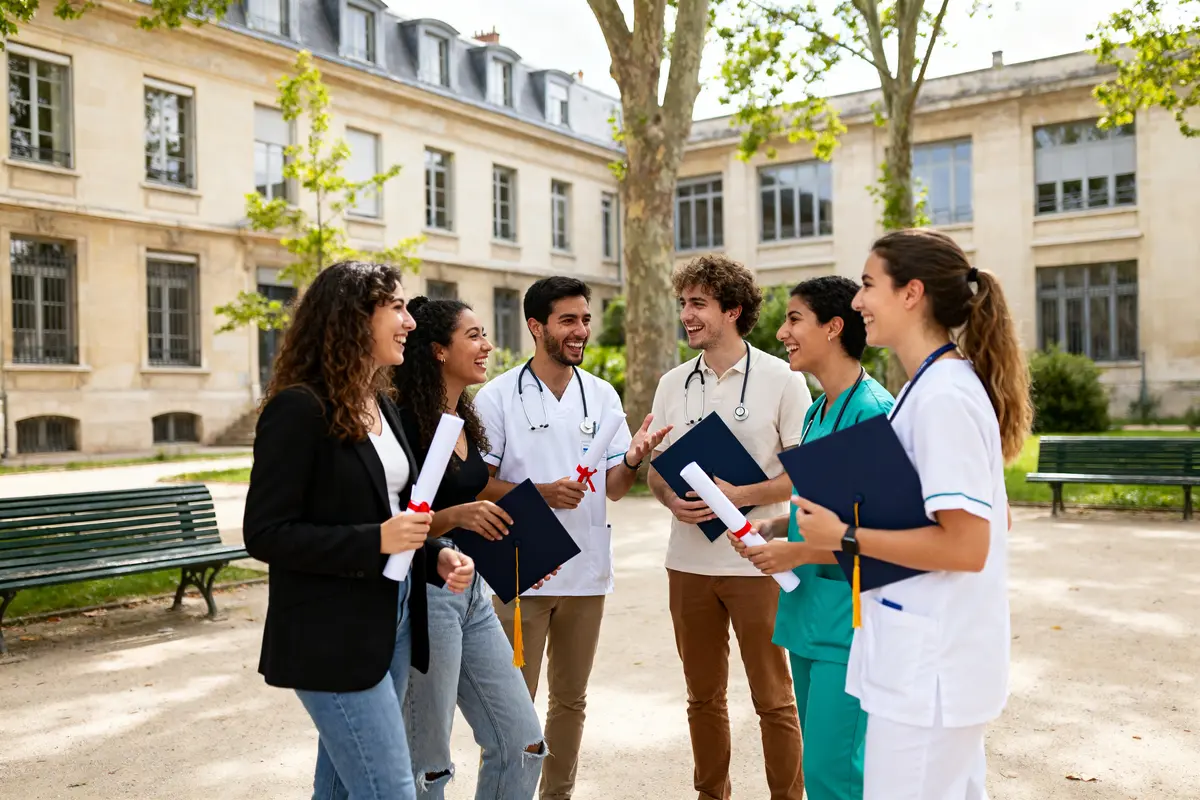 Étudiants discutant de programme master après infirmière dans une cour universitaire ensoleillée