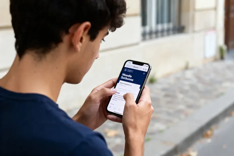Un homme consulte l'application Moodle de la Sorbonne sur son smartphone dans une rue pavée.