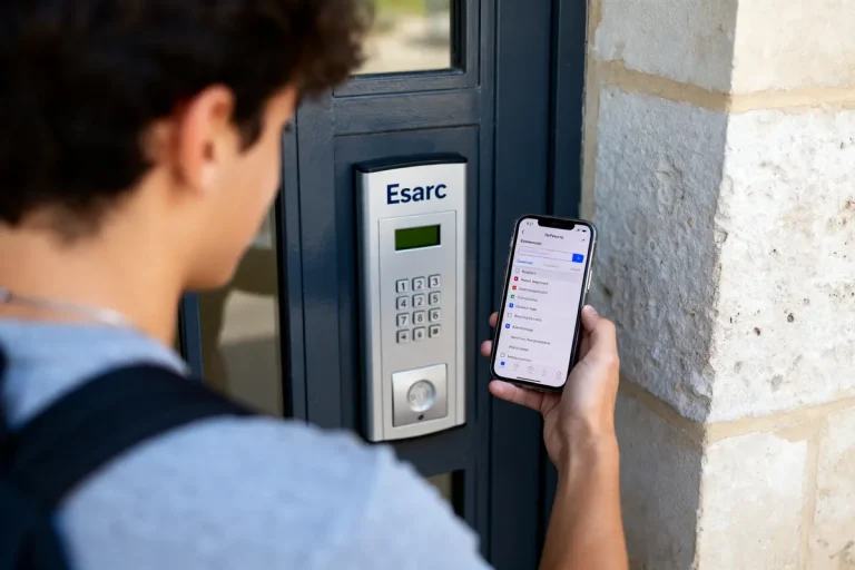 Personne utilisant un smartphone devant un digicode Esarc, accès sécurisé via my Esarc.