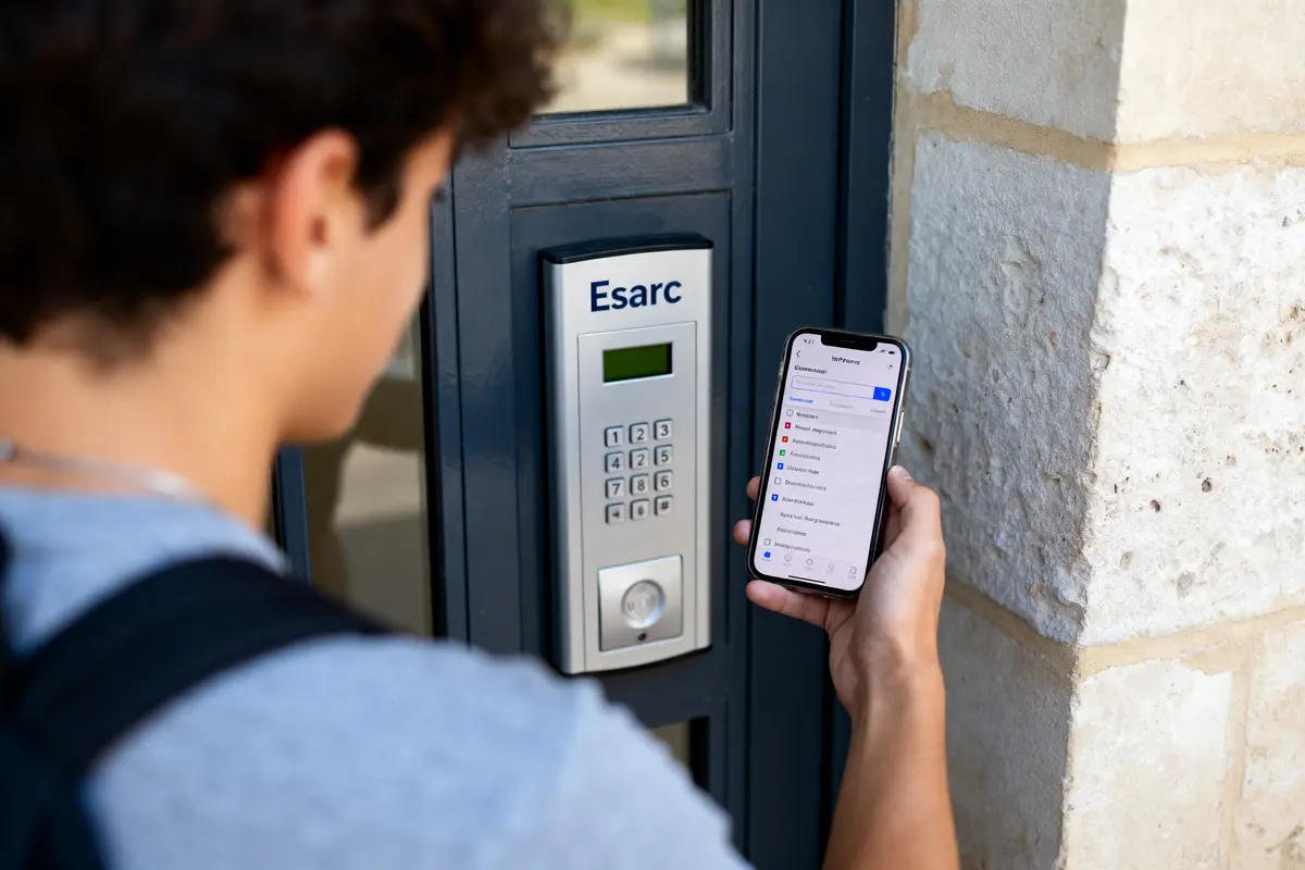 Personne utilisant un smartphone devant un digicode Esarc, accès sécurisé via my Esarc.