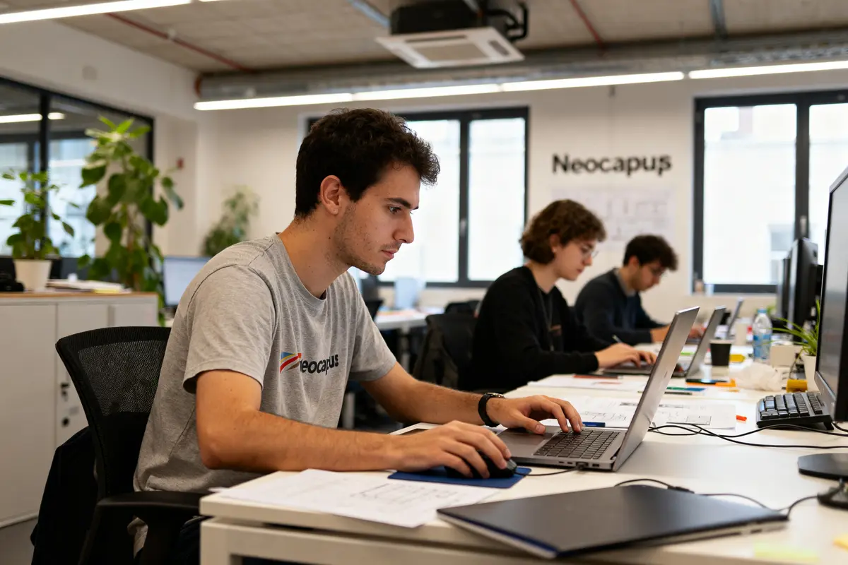 Étudiants concentrés travaillant sur ordinateurs à l'École de design Neocampus