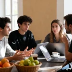 Quatre personnes discutent autour d'une table avec ordinateurs portables et corbeilles de fruits.