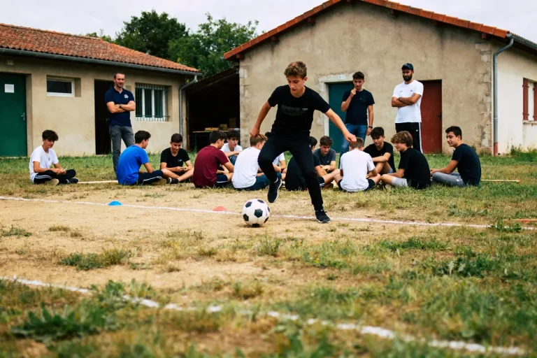 Un adolescent joue au football devant un groupe d'autres jeunes assis, dans une cour d'école.