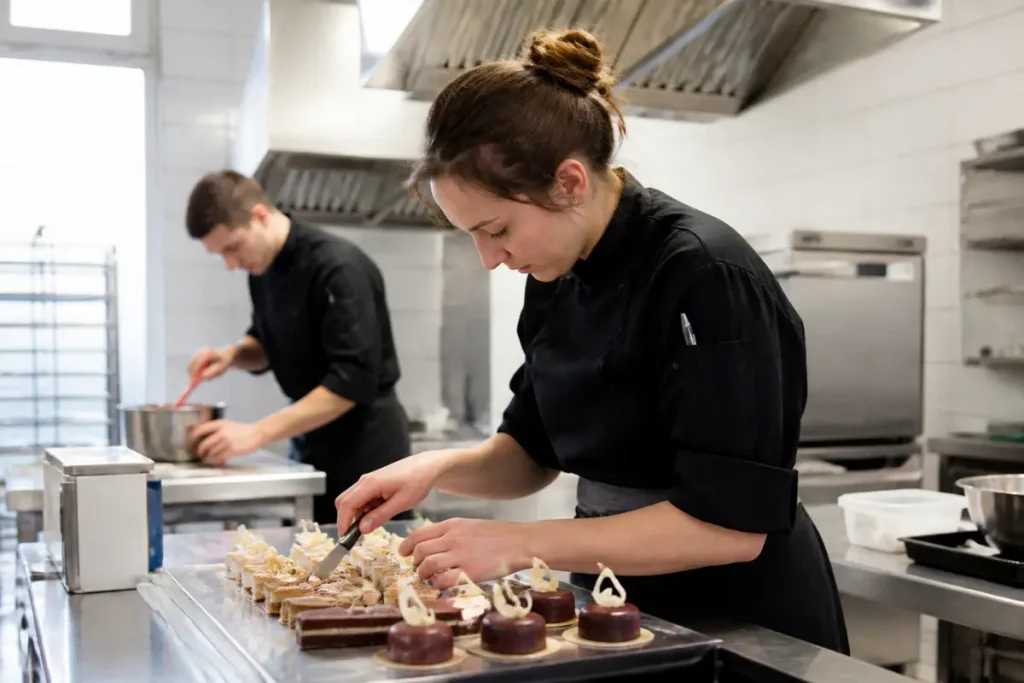 Une pâtissière décorant des desserts, avec un collègue cuisinant en arrière-plan, dans une cuisine professionnelle.