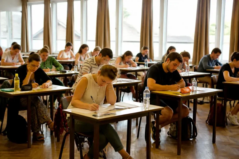 Étudiants concentrés pendant un examen écrit dans une salle de classe spacieuse, éclairée par de grandes fenêtres.