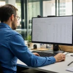 Homme travaillant sur ordinateur dans un bureau moderne, écran affichant des données. Bureau avec plantes et café.
