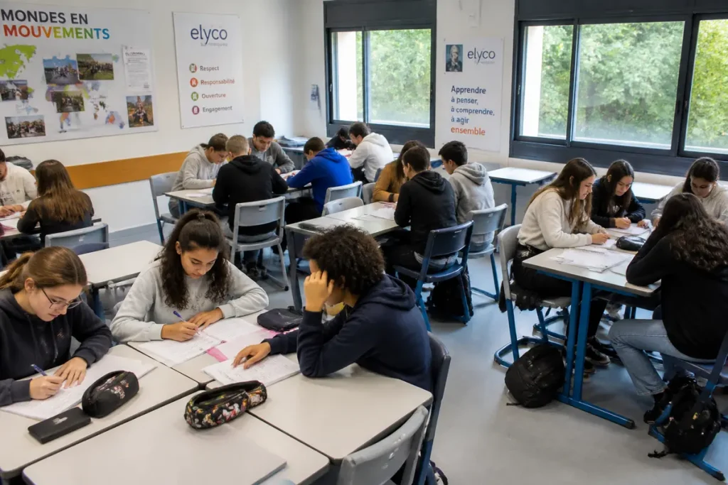 Salle de classe avec élèves travaillant en groupe, affiches éducatives sur les murs, ambiance studieuse.