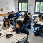 Salle de classe avec élèves travaillant en groupe, affiches éducatives sur les murs, ambiance studieuse.