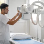 Technicien médical ajustant un appareil de radiographie dans une salle d'examen lumineuse, vêtu d'une blouse blanche.