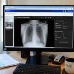 Écran d'ordinateur affichant une radiographie thoracique, documents et tasse de café sur le bureau.