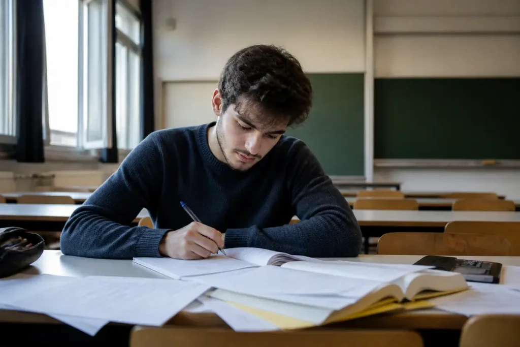 Un étudiant concentré écrit sur un cahier dans une salle de classe vide et lumineuse.