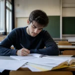 Un étudiant concentré écrit sur un cahier dans une salle de classe vide et lumineuse.