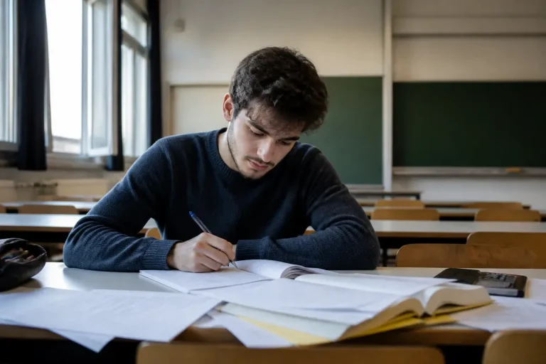 Un étudiant concentré écrit sur un cahier dans une salle de classe vide et lumineuse.
