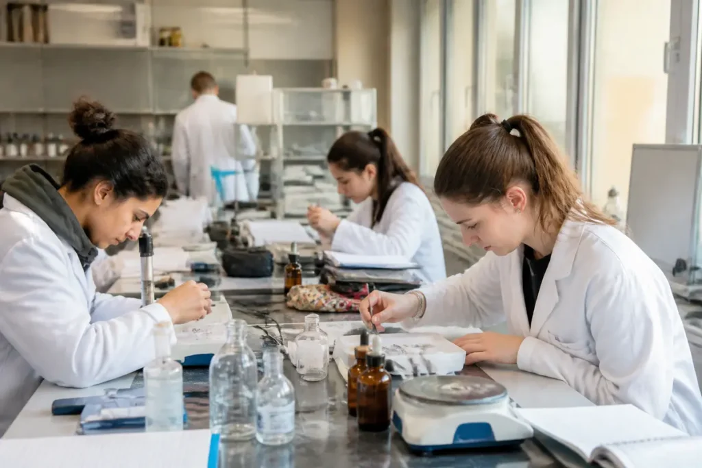 Des scientifiques en blouses blanches travaillent dans un laboratoire moderne, analysant des échantillons sur une table.