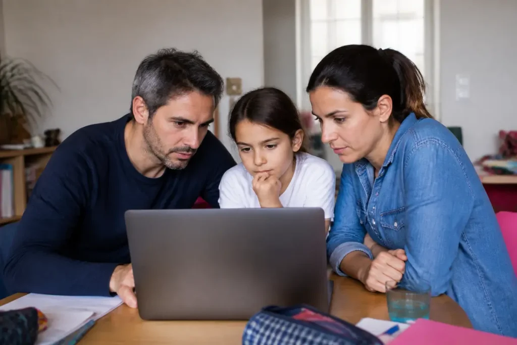 Une famille, concentrée, regarde un ordinateur portable sur une table en bois, entourée de cahiers.