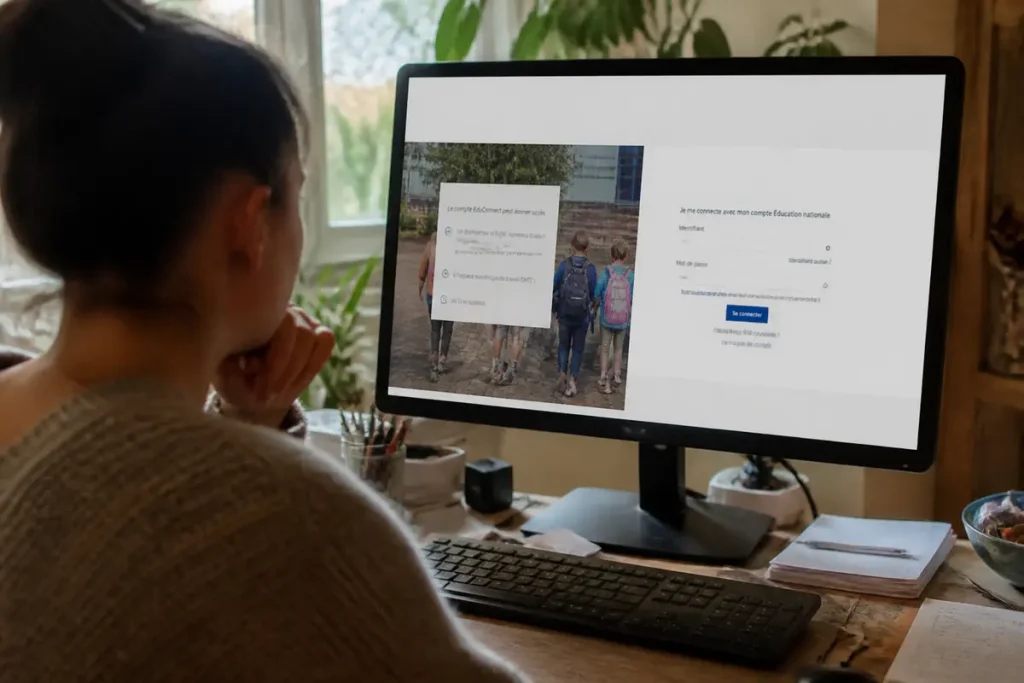 Personne utilisant un ordinateur avec l'écran affichant une interface de connexion Éducation nationale.