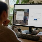Personne utilisant un ordinateur avec l'écran affichant une interface de connexion Éducation nationale.