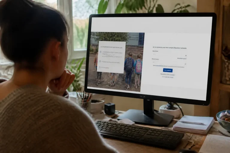 Personne utilisant un ordinateur avec l'écran affichant une interface de connexion Éducation nationale.