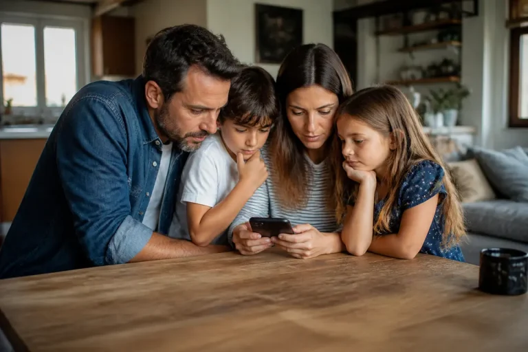 Famille réunie autour d'un smartphone, concentrée, dans un salon confortable, discutant ou regardant quelque chose ensemble.